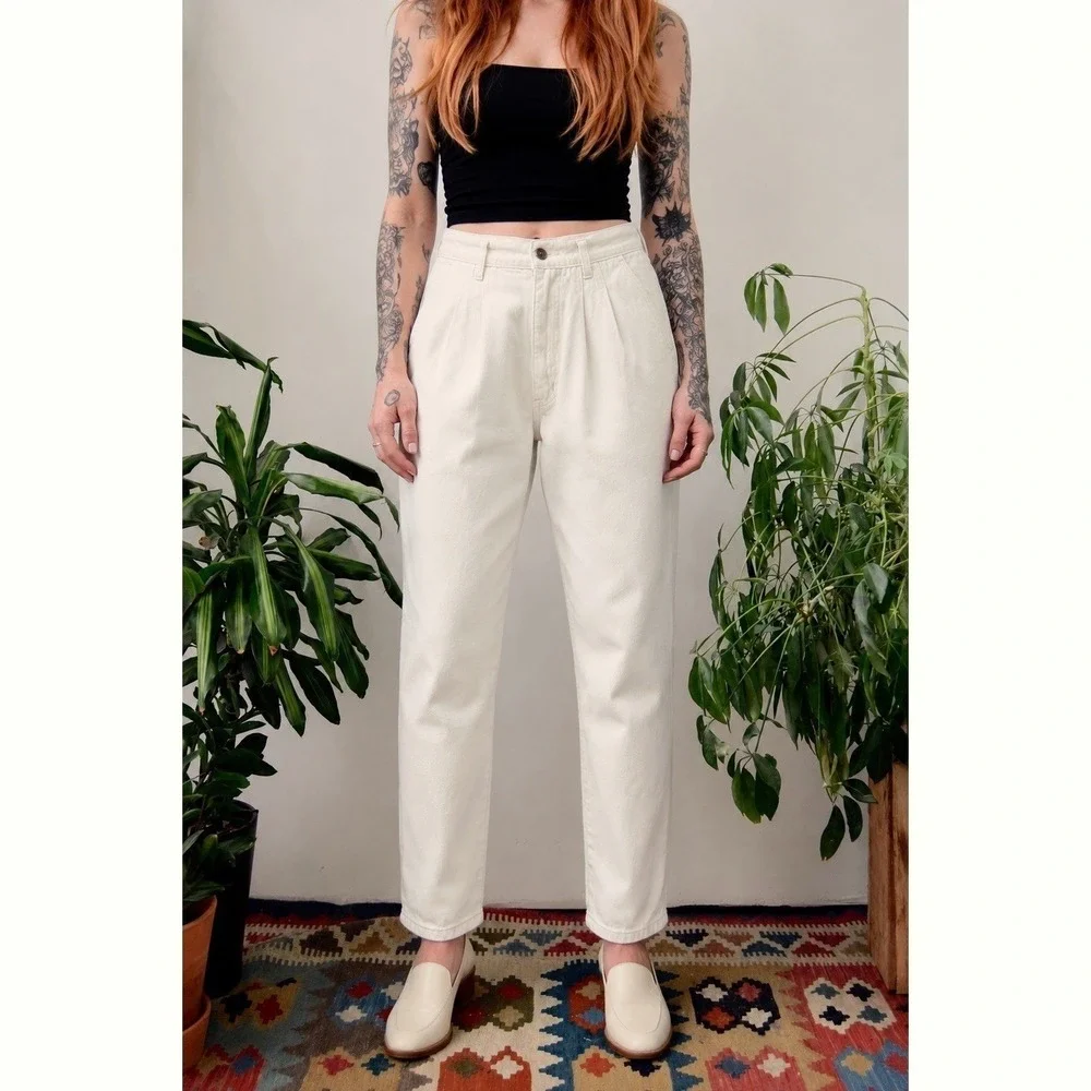VTG Bill Blass Pleated Mom Jeans Women's M Ecru Cream Cotton High Rise Tapered
